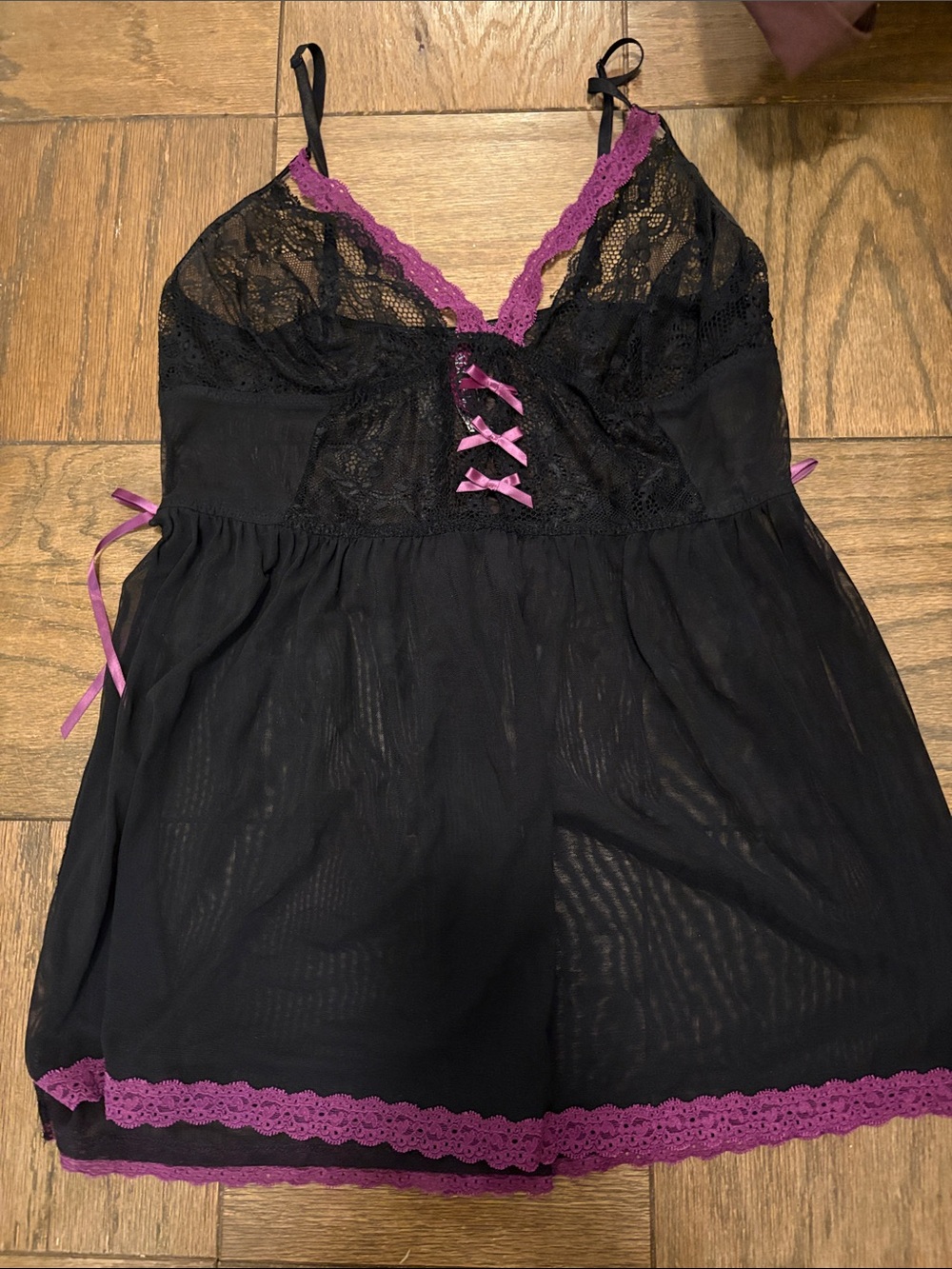 ADORE ME Black Chemise with Purple Lace Trim